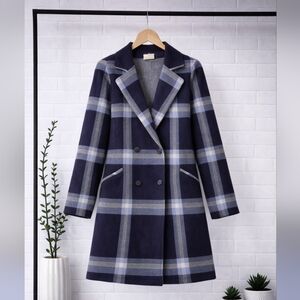 Blue Button Front Women's Navy Plaid Coat Cardigan Medium Max Studio M